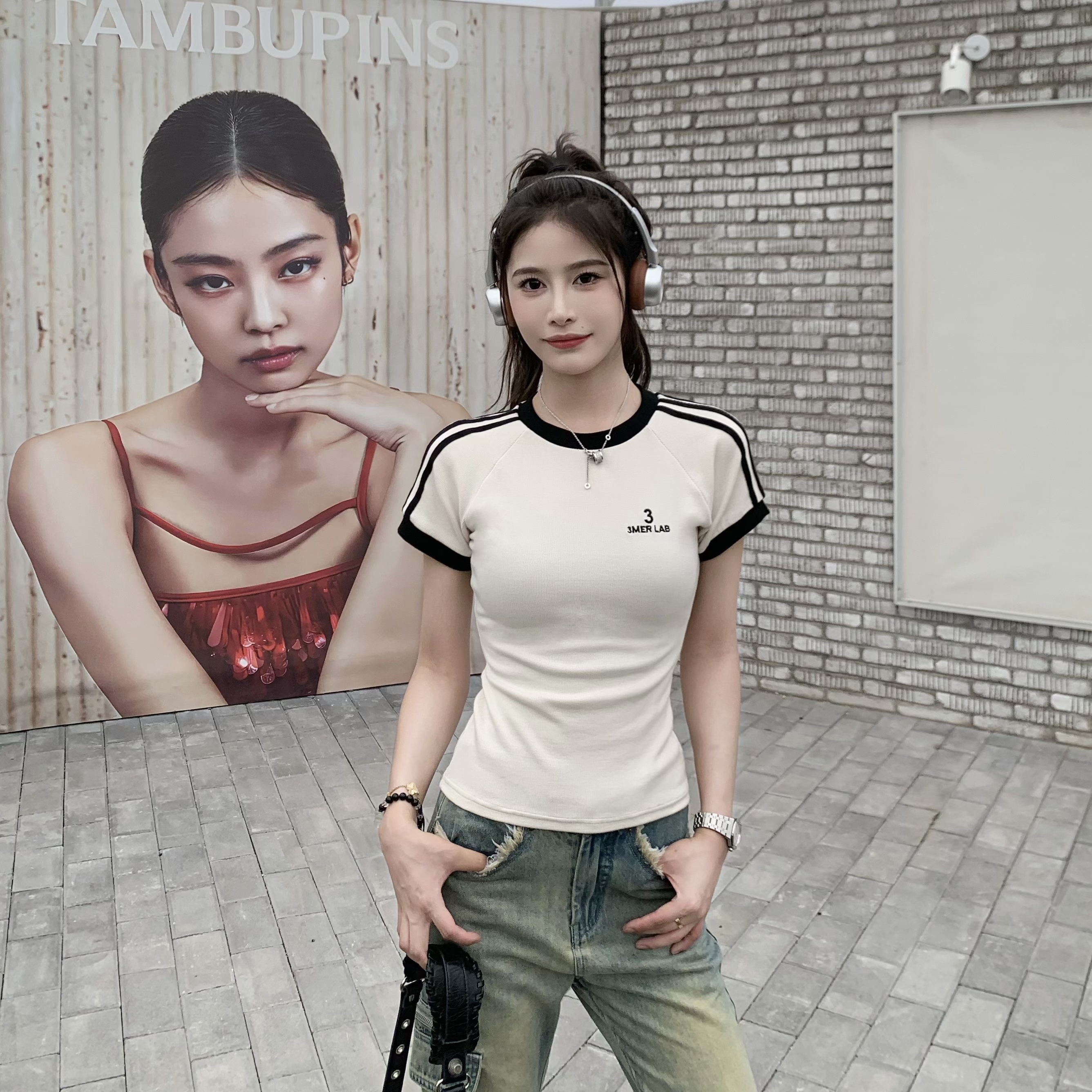 Retro Color-Blocking Short Sleeve T-Shirt for Women - 2024 Summer Raglan Sleeve Slim Fit Top, Y2K Inspired Fashion