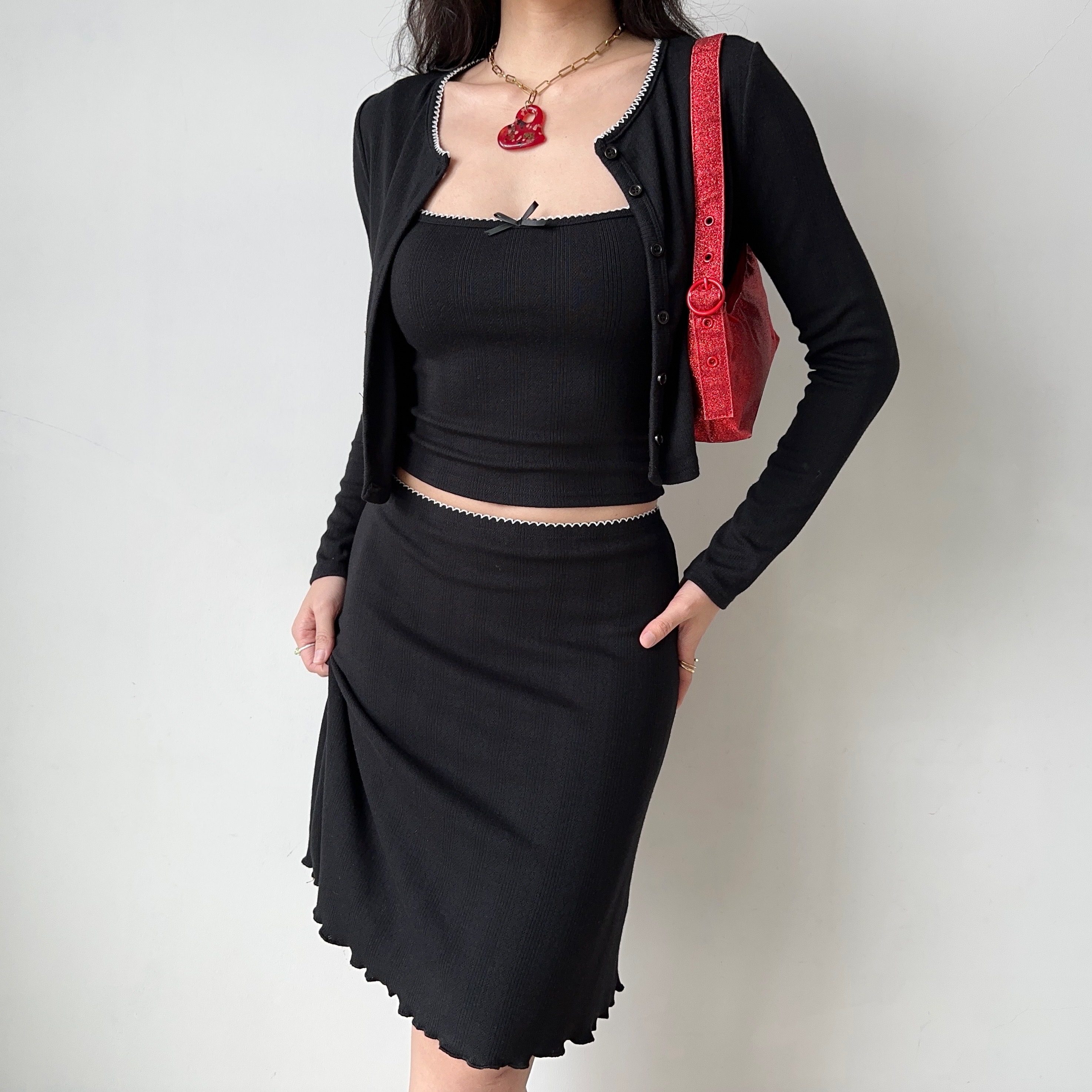 Retro European American Style Three-Piece Set: DIY New Year Camisole, Cardigan, and Skirt for Hot Girl Aesthetic