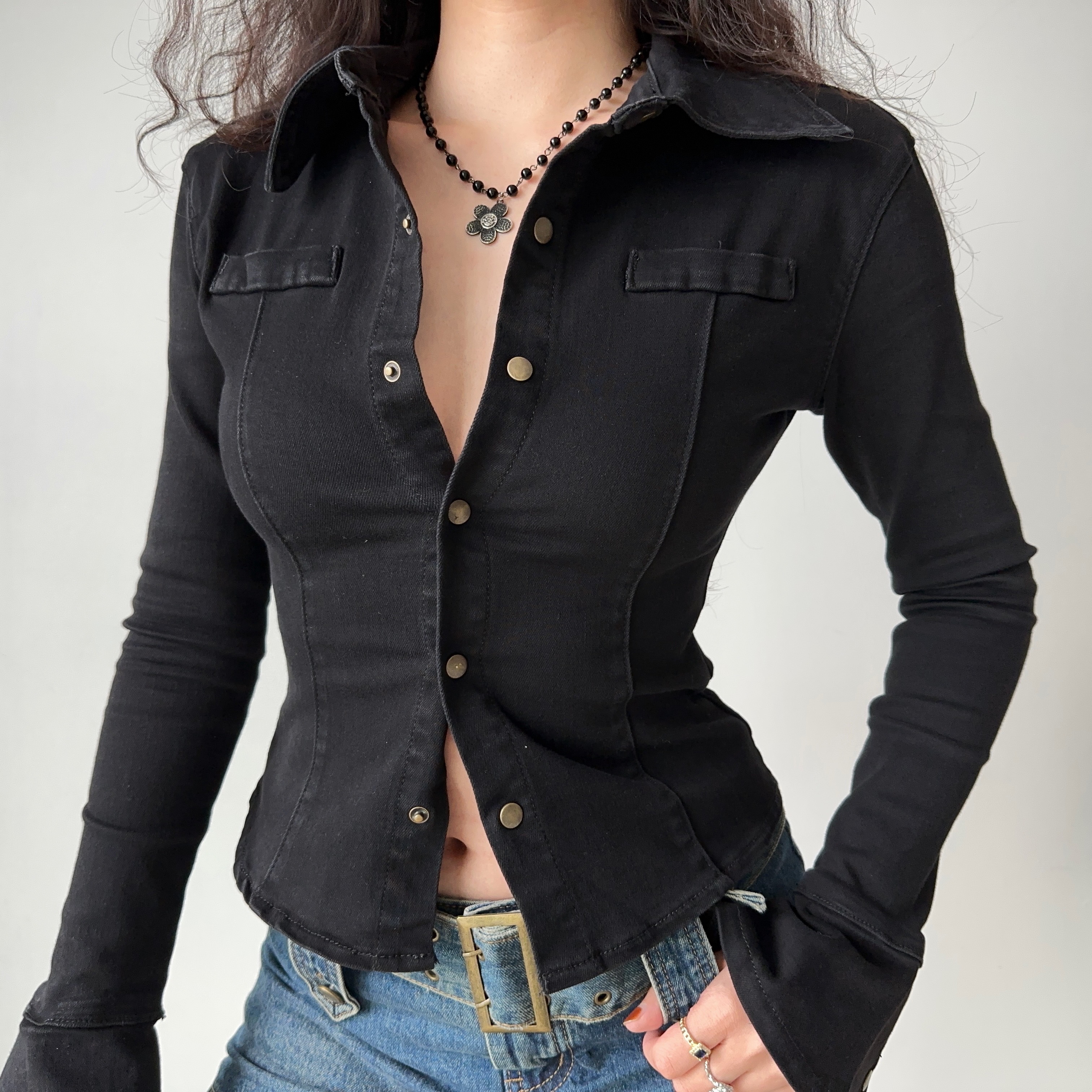 Retro Flared Sleeve Denim Shirt for Women - Slim Fit Lapel Top, Long Sleeve, European American Style, Trendy Casual Fashion