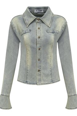 Retro Flared Sleeve Denim Shirt for Women - Slim Fit Lapel Top, Long Sleeve, European American Style, Trendy Casual Fashion