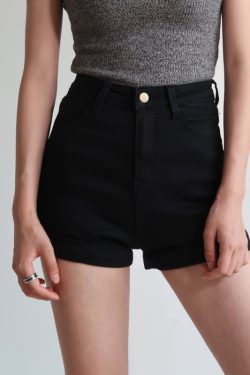Retro High-Waisted Slim-Fit Rolled-Up Denim Shorts for Women - European and American Style, Stretchy, Chic Casual Wear
