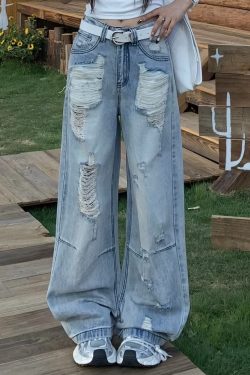 Retro Loose Wide-Leg Ripped Jeans for Women - Summer High Street Style, 90s Inspired, Casual Fashion Pants