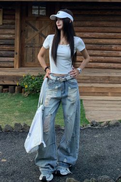 Retro Loose Wide-Leg Ripped Jeans for Women - Summer High Street Style, 90s Inspired, Casual Fashion Pants