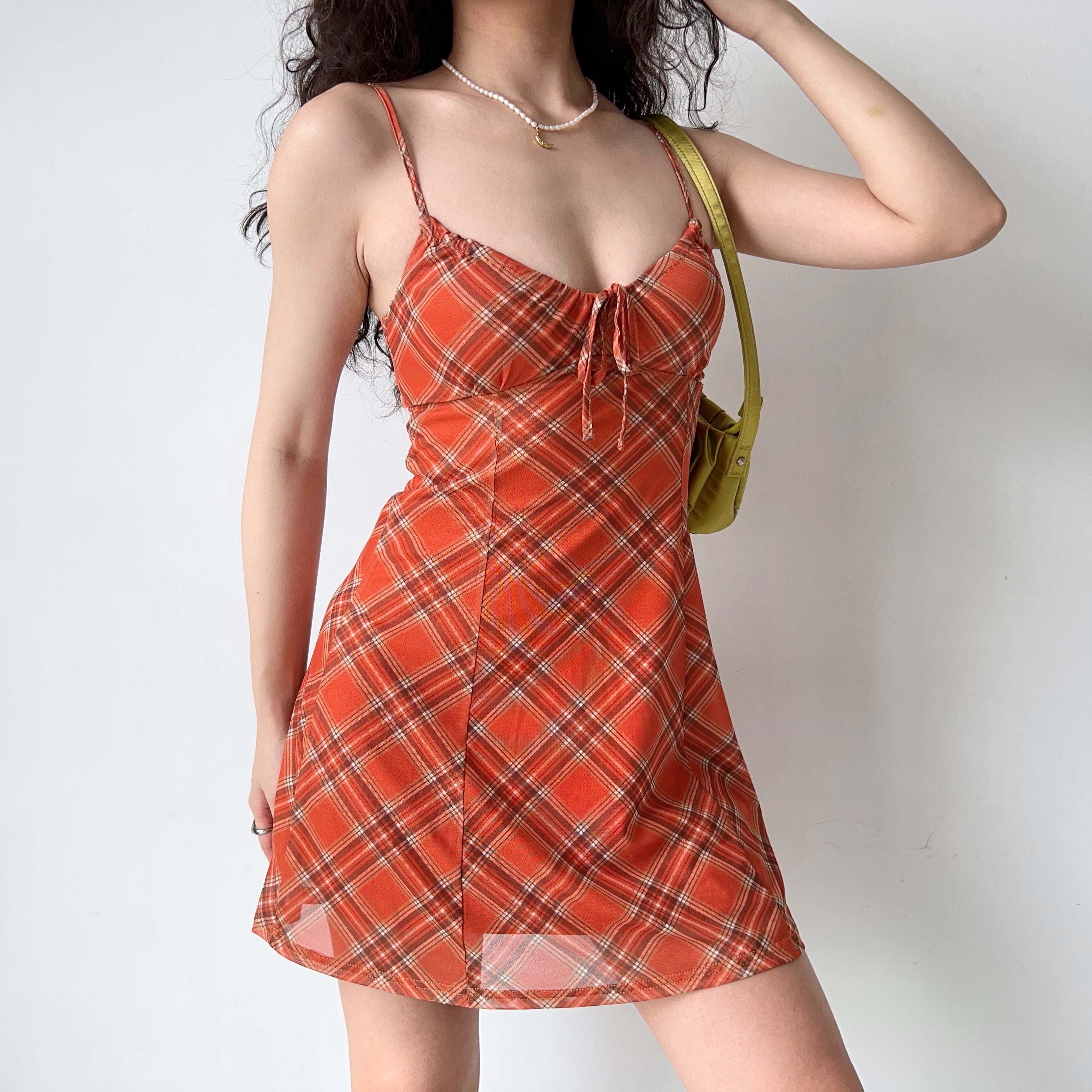 Retro Orange Plaid Camisole Dress for Women - Sexy Fitted Summer Dress in European-American Style, Ideal for 90s and Y2K Fashion