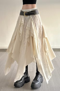 Retro Patchwork Irregular Long Skirt with Ruffles and Jacquard Texture - Women's Draped Half Skirt in Bohemian Style