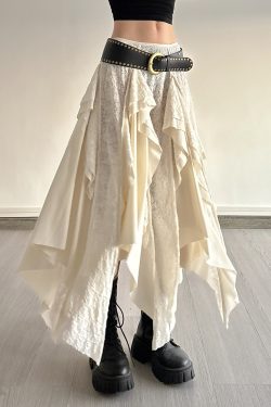 Retro Patchwork Irregular Long Skirt with Ruffles and Jacquard Texture - Women's Draped Half Skirt in Bohemian Style