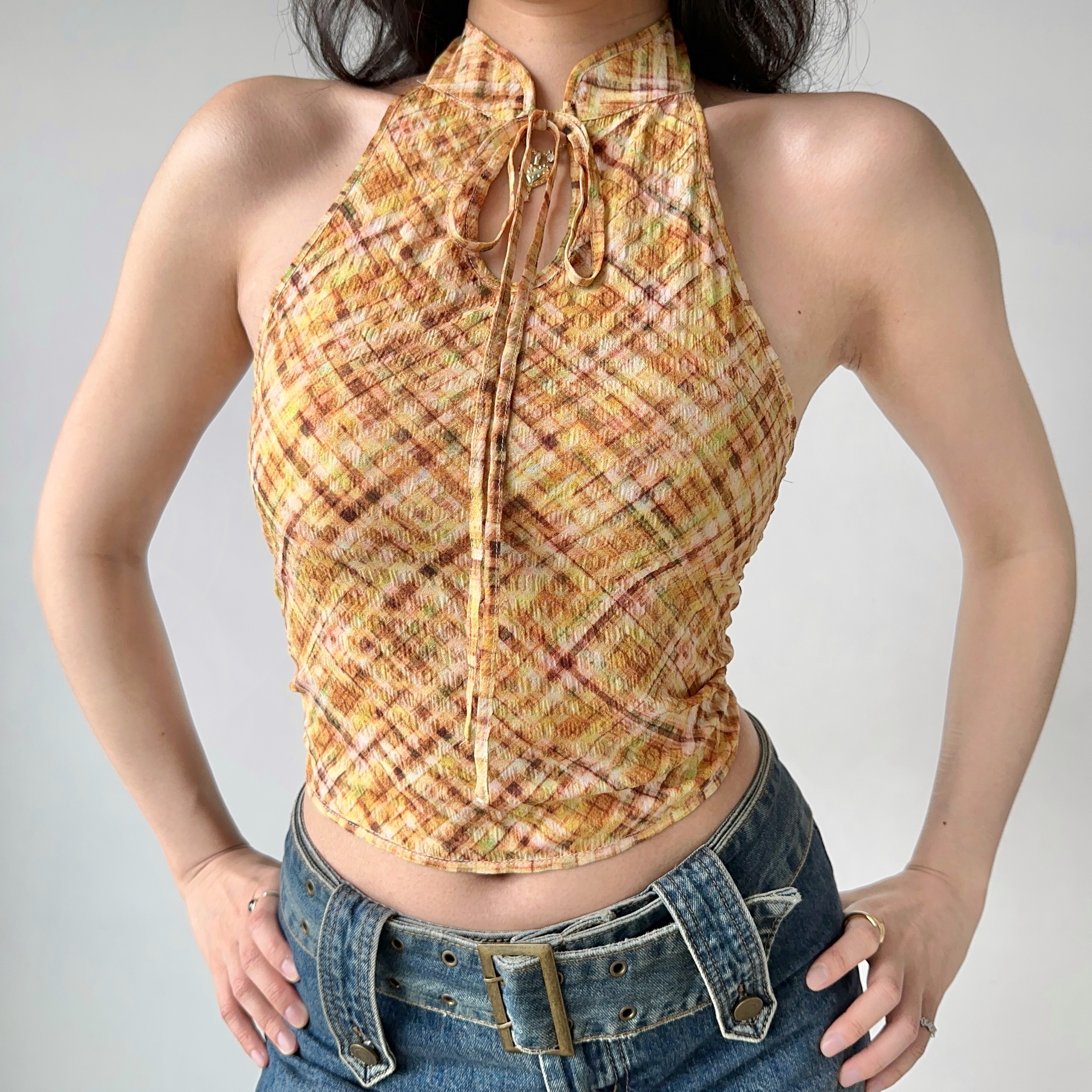 Retro Plaid Halter Neck Vest for Women - Chinese Style Backless Top - Summer Fashion - Chic Stand Collar - Sexy Short Design