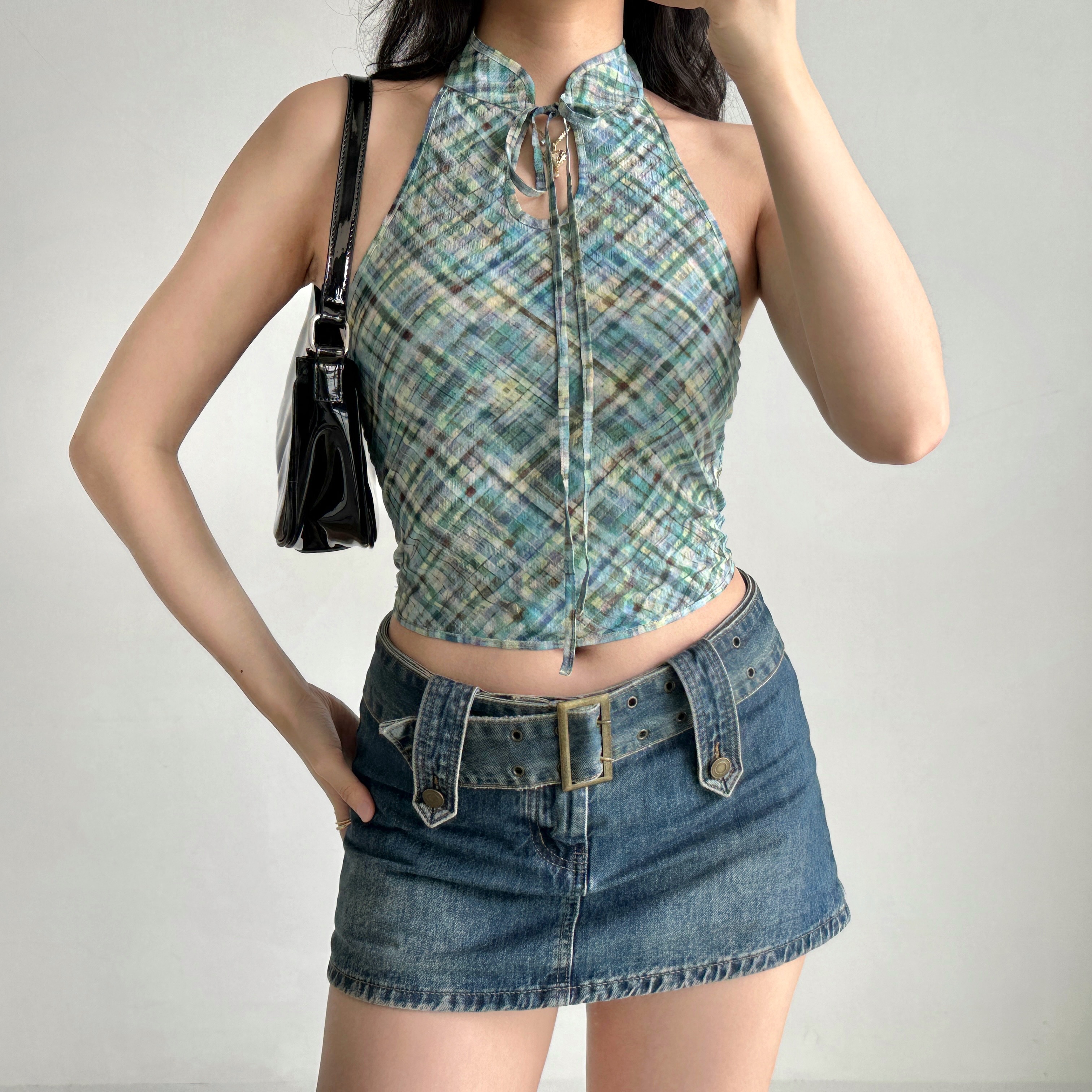 Retro Plaid Halter Neck Vest for Women - Chinese Style Backless Top - Summer Fashion - Chic Stand Collar - Sexy Short Design