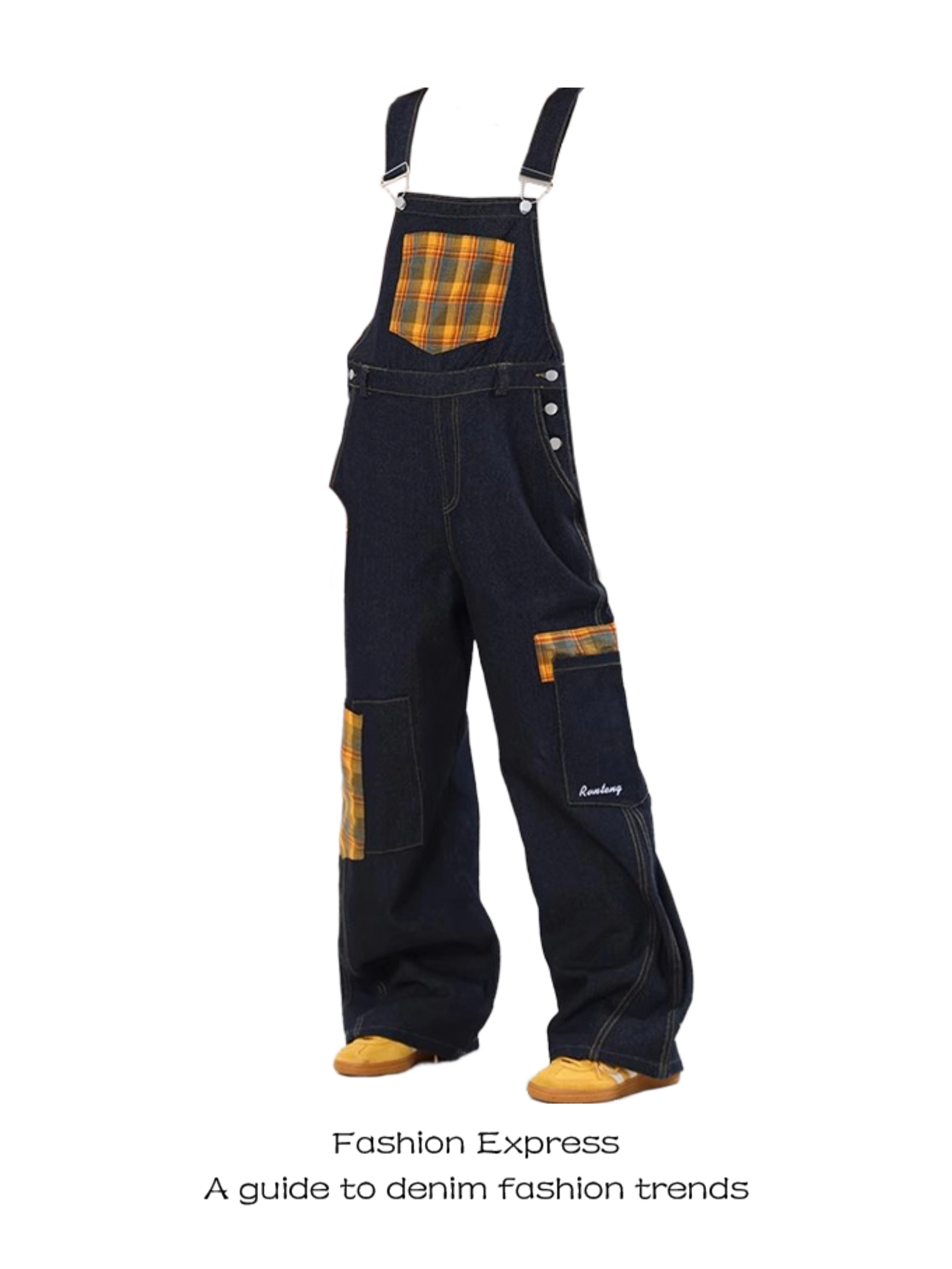 Retro Plaid Suspenders Pants for Women - Patchwork Design, Loose Straight-Leg Jeans for Spring Autumn 2025, Vintage Style