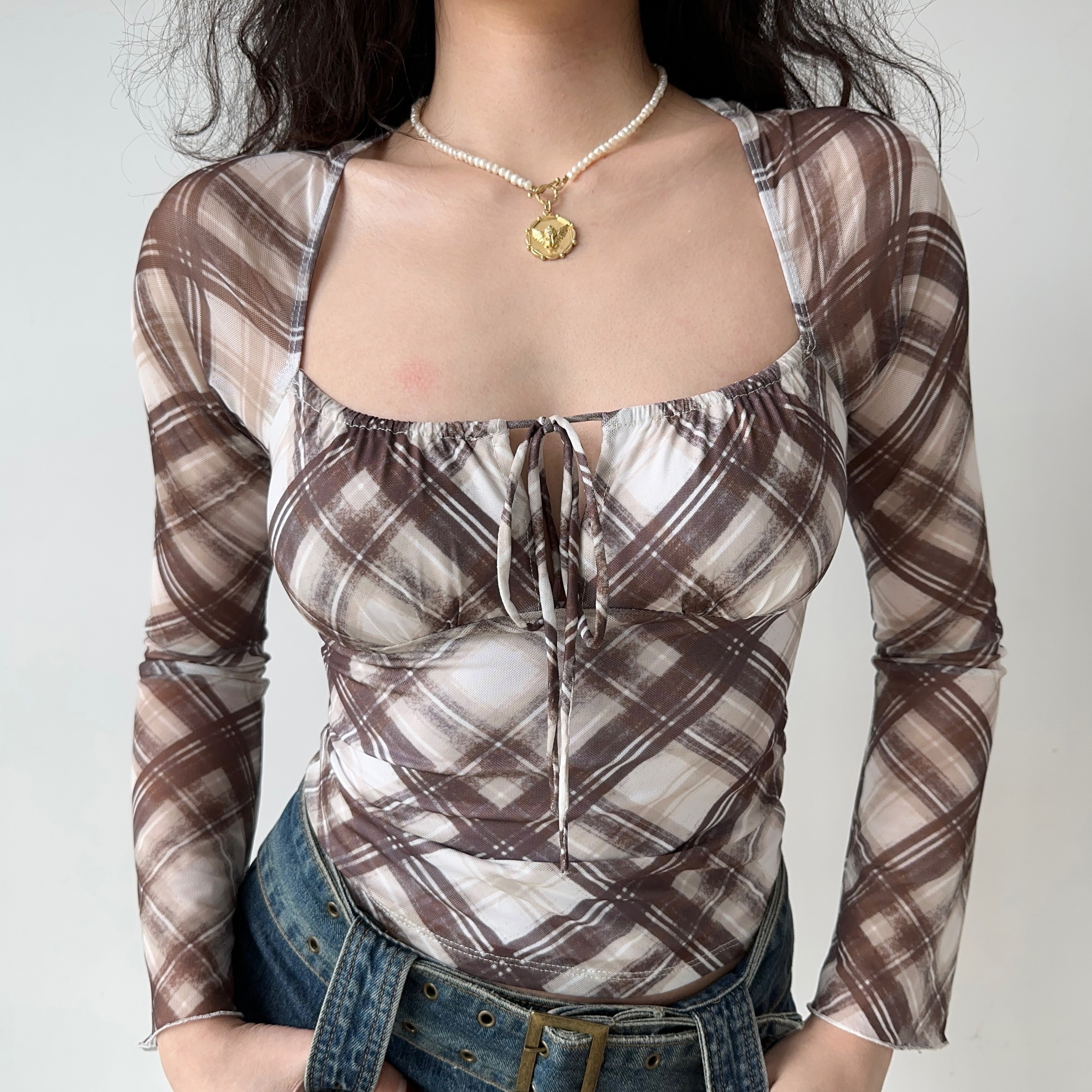 Retro Plaid Tie-Up Square Collar Long Sleeve Shirt for Women - European American Style Slim Fit Top