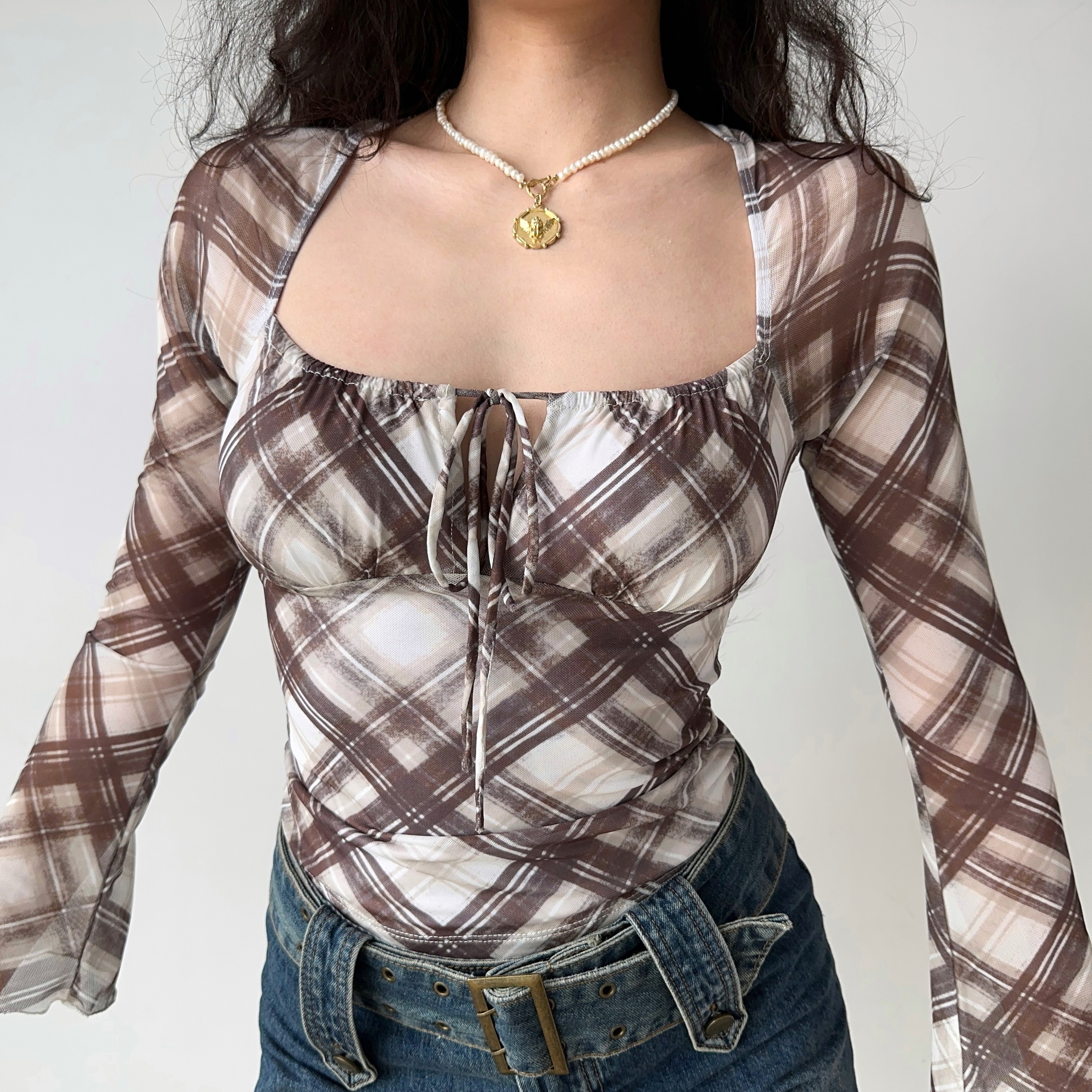 Retro Plaid Tie-Up Square Collar Long Sleeve Shirt for Women - European American Style Slim Fit Top