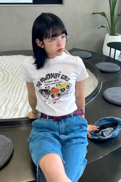Retro Powerpuff Girls Cartoon Printed Short-Sleeve Crop Top for Women - Slim Fit, Trendy Y2K Style Sweet and Spicy Tee