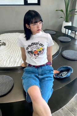 Retro Powerpuff Girls Cartoon Printed Short-Sleeve Crop Top for Women - Slim Fit, Trendy Y2K Style Sweet and Spicy Tee