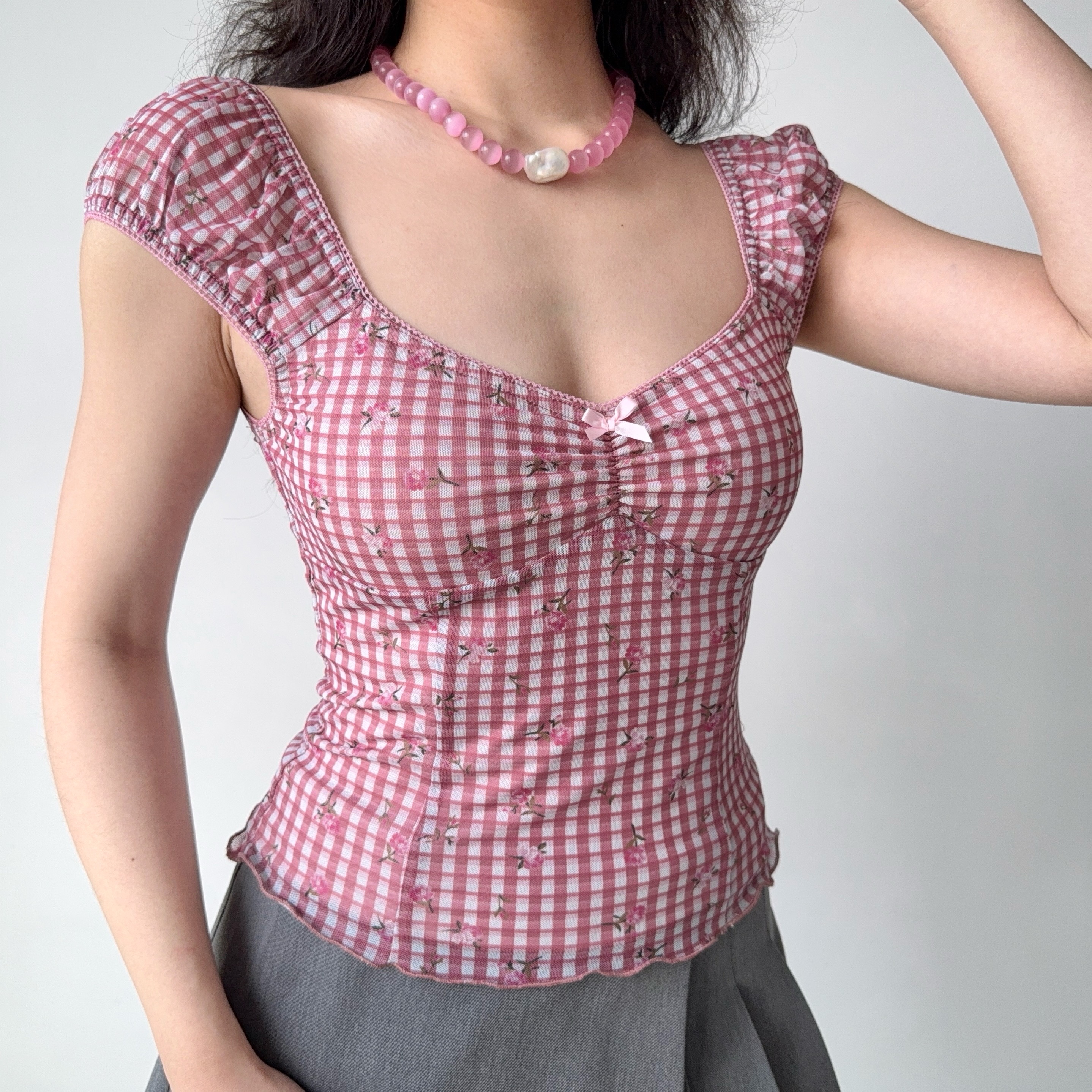 Retro Printed Plaid Puff Sleeve T-Shirt for Women - Slim Fit Short Sleeve Top in European and American Style, Trendy Hot Girl Fashion