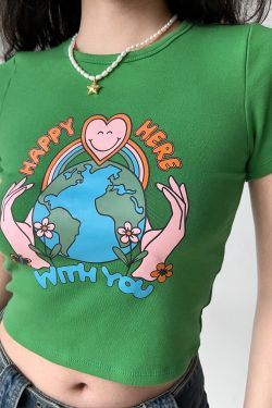 Retro Printed Round Neck Short Sleeve T-Shirt for Women - European American Style, High-Waisted Trendy Top