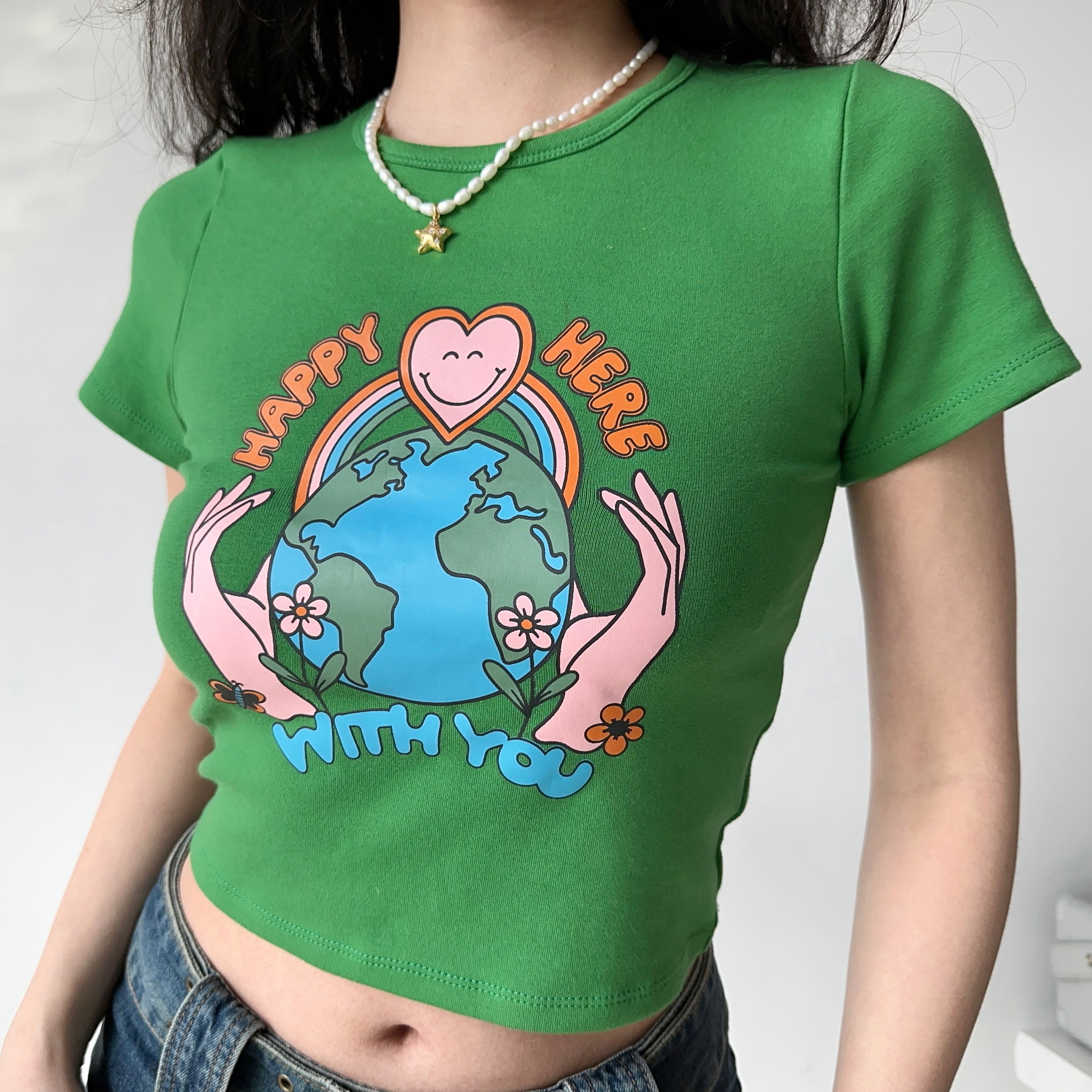 Retro Printed Round Neck Short Sleeve T-Shirt for Women - European American Style, High-Waisted Trendy Top