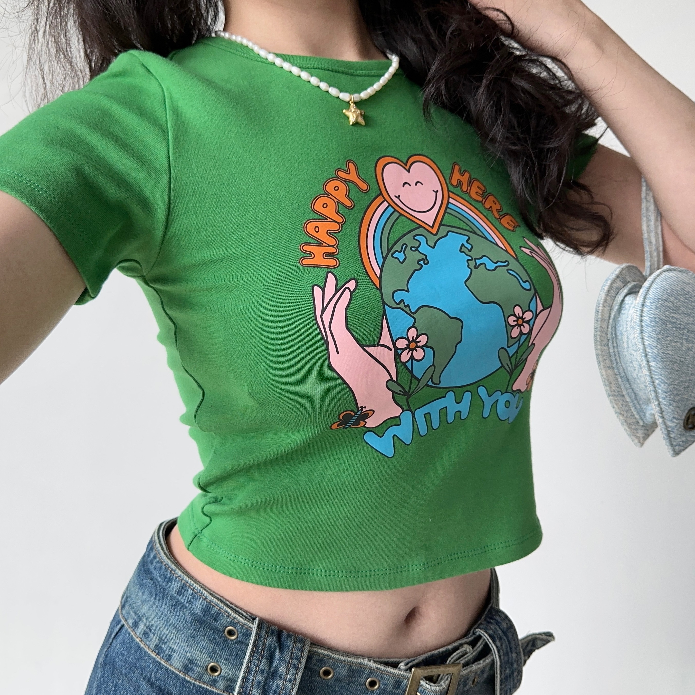 Retro Printed Round Neck Short Sleeve T-Shirt for Women - European American Style, High-Waisted Trendy Top