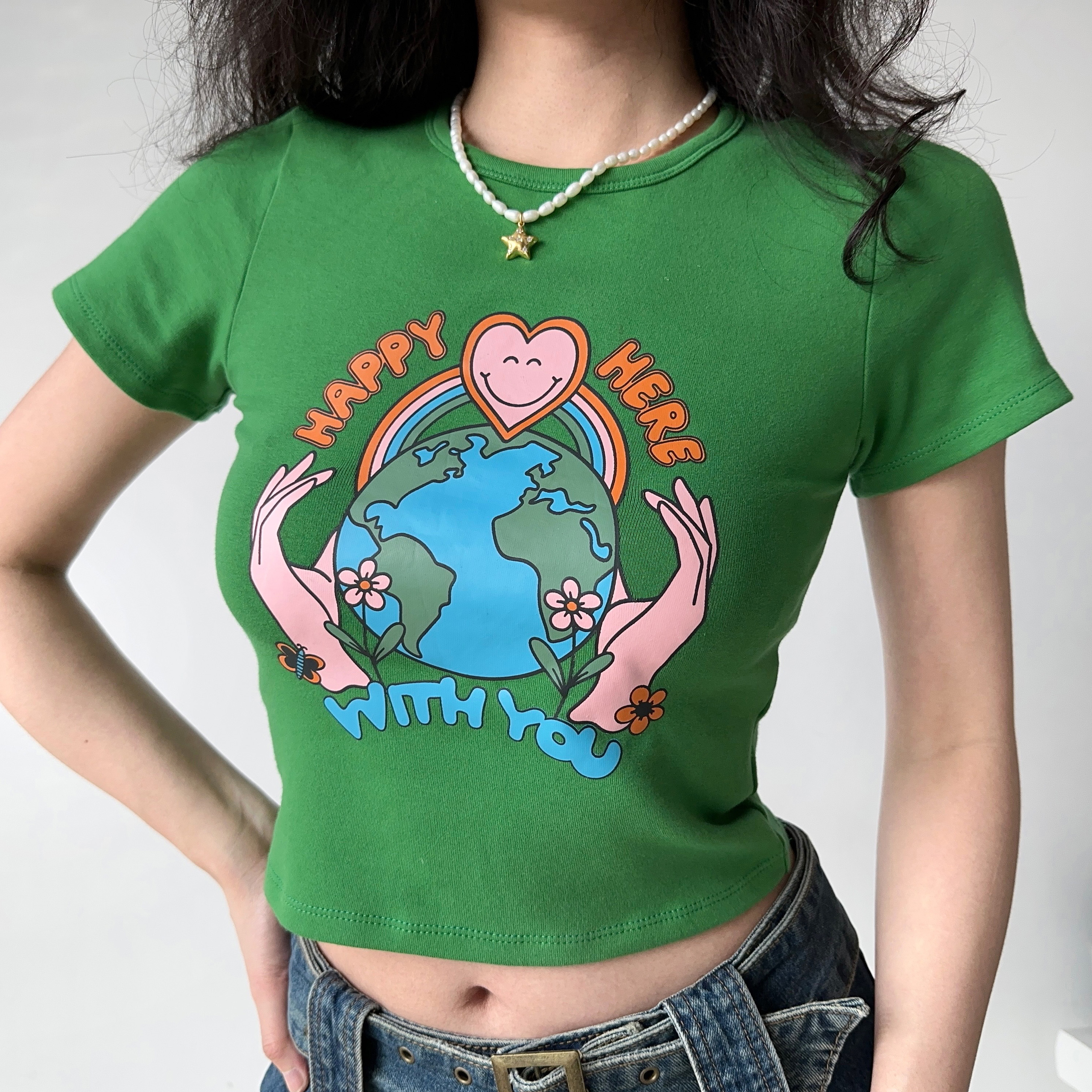 Retro Printed Round Neck Short Sleeve T-Shirt for Women - European American Style, High-Waisted Trendy Top