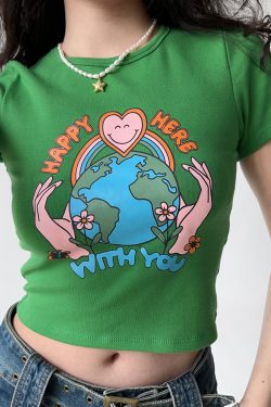 Retro Printed Round Neck Short Sleeve T-Shirt for Women - European American Style, High-Waisted Trendy Top