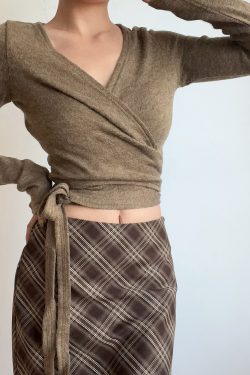 Retro Sexy V-Neck One-Piece Tie High-Waisted Short Slim-Fit Long Sleeve Knit Top for Y2K and 90s Fashion Lovers