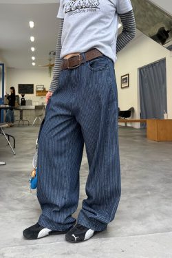 Retro Striped Loose Straight-Leg Denim Jeans for Men and Women - Soft Summer High-End Long Pants