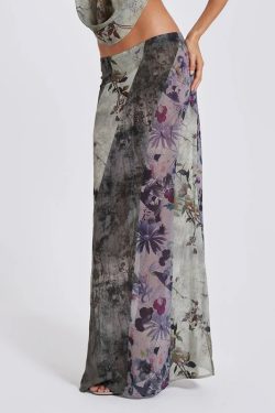 Retro Vintage Hot Girl Plant Print Midi Skirt - Trendy National Style Long Skirt for Y2K and 90s Fashion Lovers