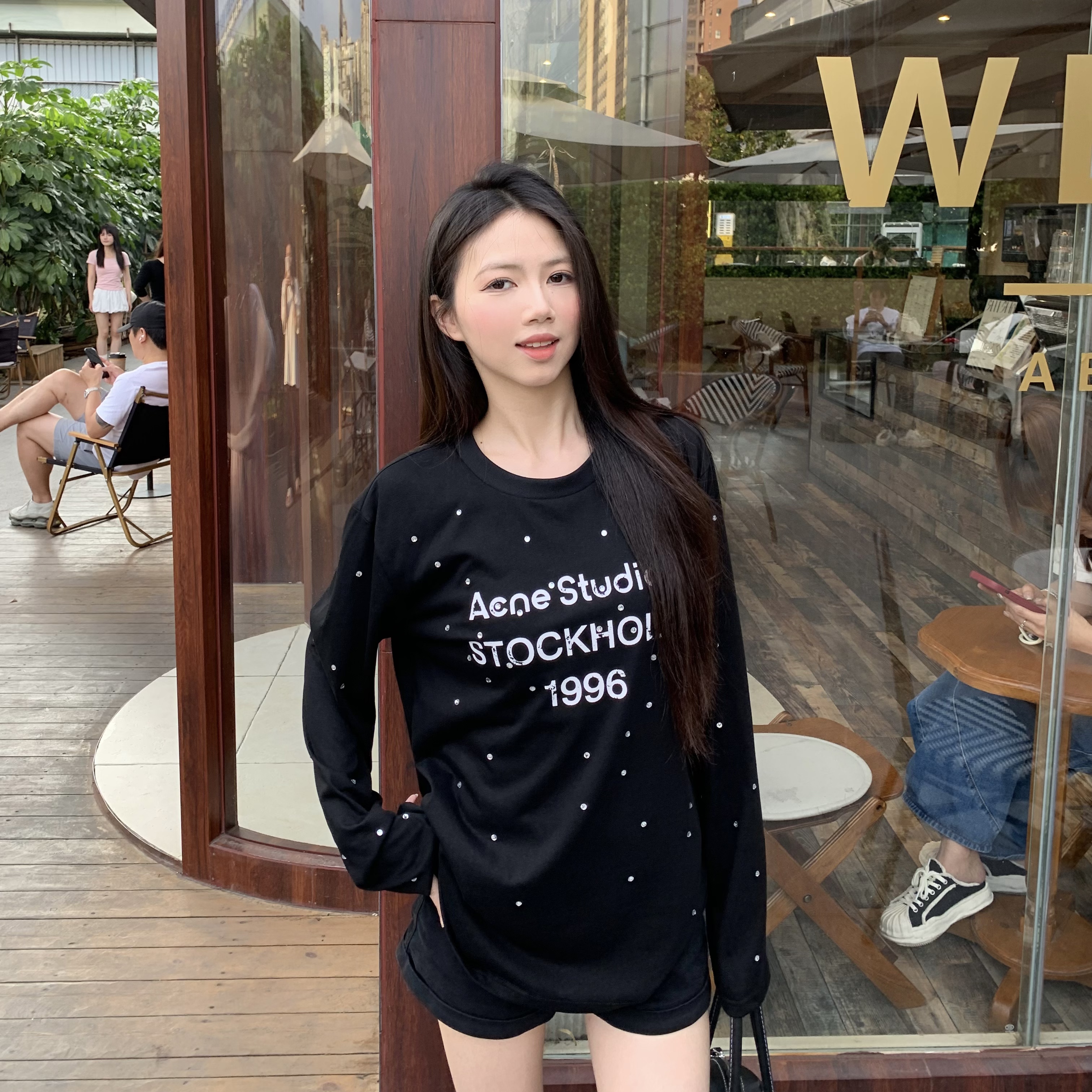Rhinestone Letter Long Sleeve T-Shirt for Women - Loose Fit High Street Style Sun Protection Cover-Up Top