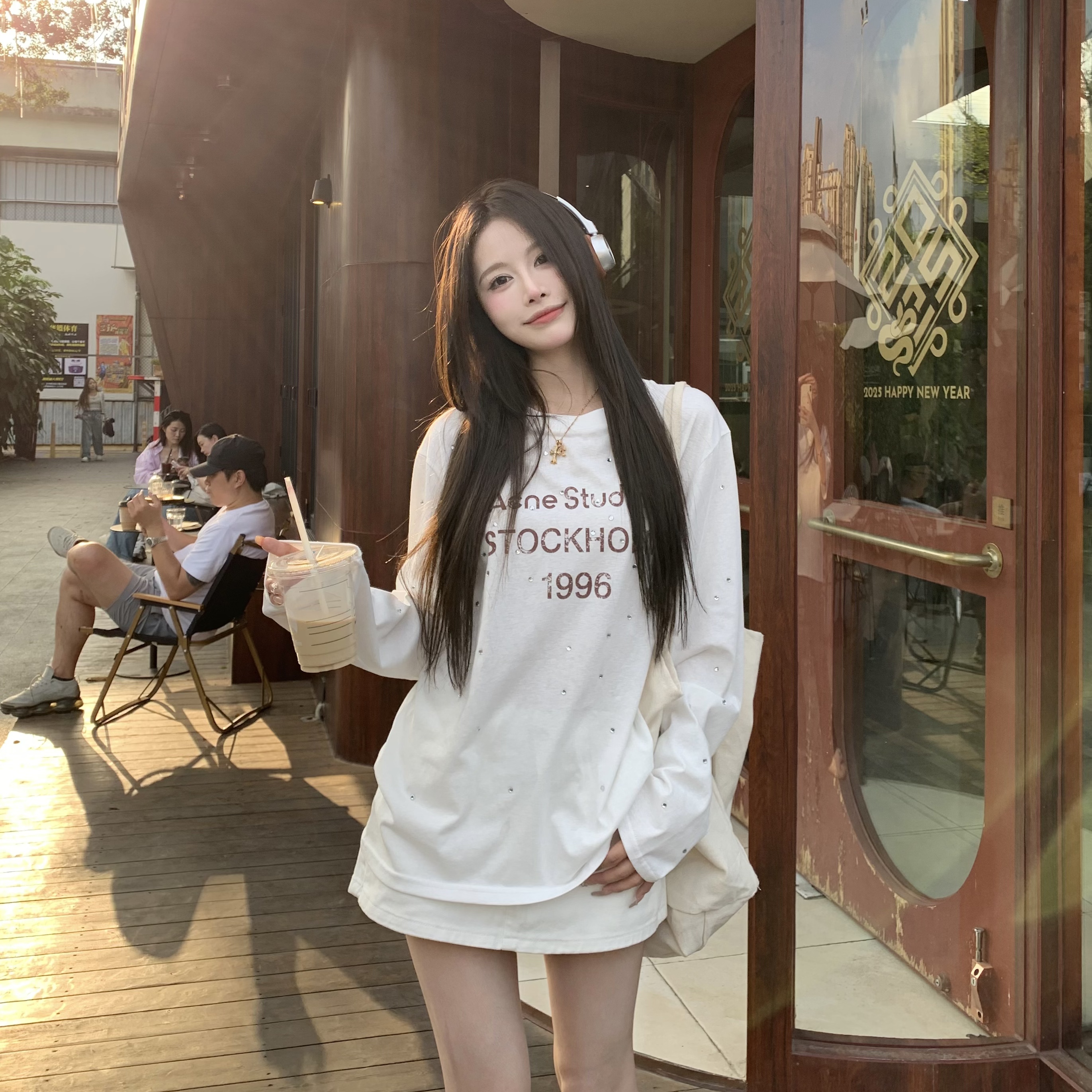 Rhinestone Letter Long Sleeve T-Shirt for Women - Loose Fit High Street Style Sun Protection Cover-Up Top