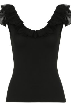 Romantic French Low-Neck Ruffled Backless Short Top for Women with Flutter Sleeves - Vacation Style Slim Fit Tank Top