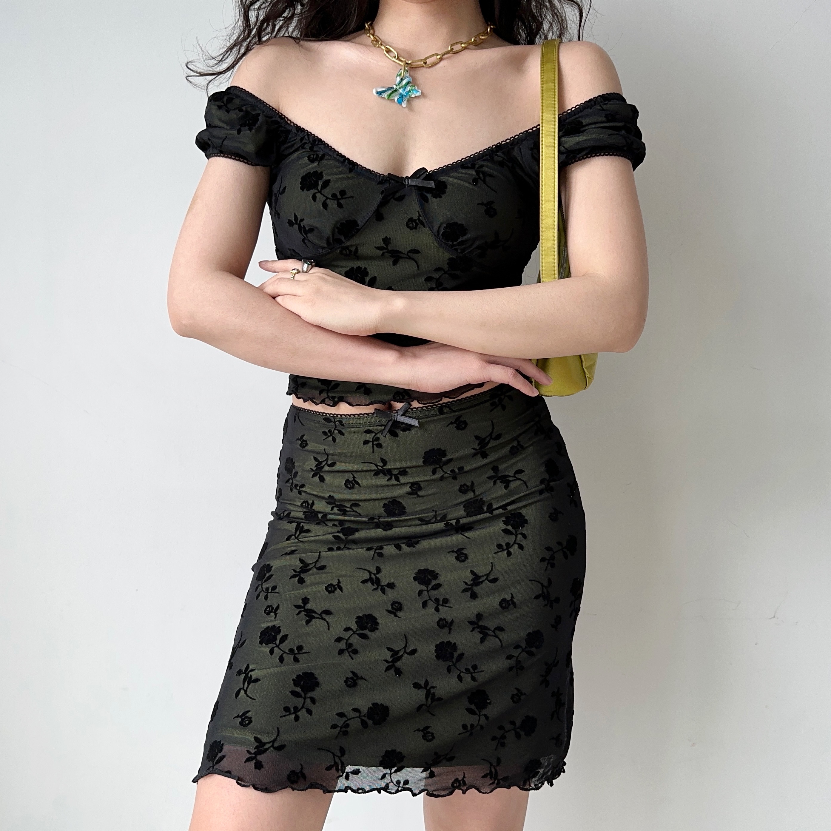 Rose Mesh Short Sleeve Top & Bodycon Skirt Two-Piece Set - Women's European American Style Fashion, Perfect for Y2K & 90s Vibes