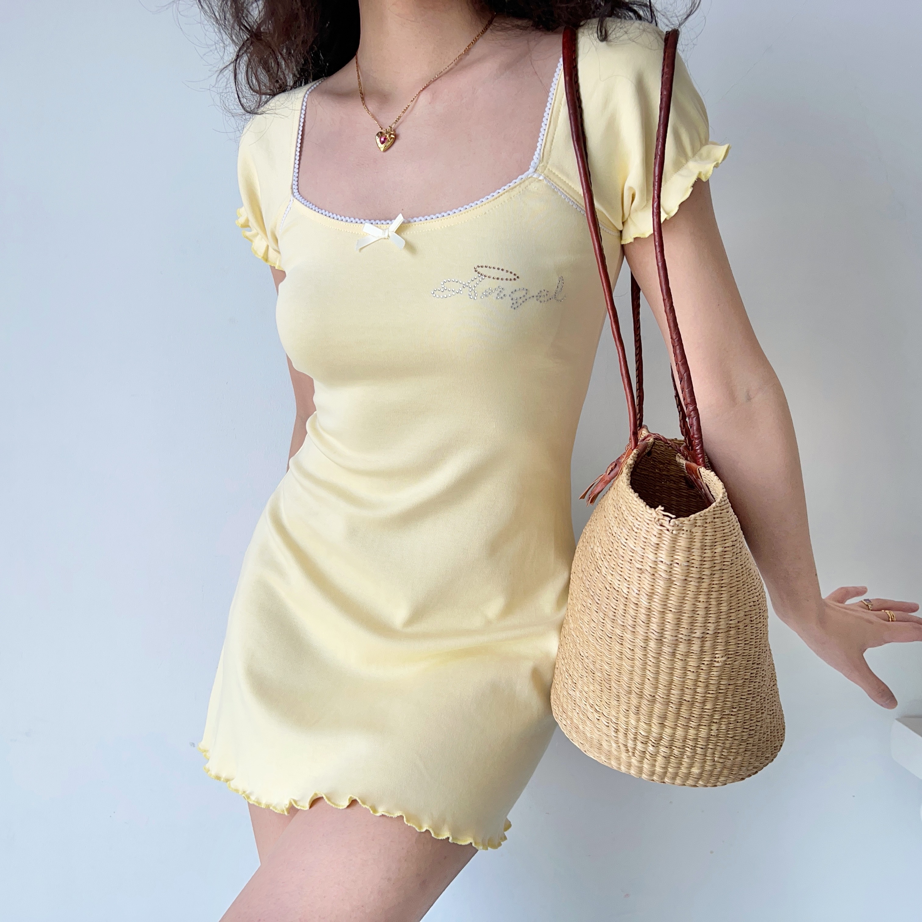 Ruffled Square Neck Dress with Rhinestones - Women's A-Line Short Sleeve Style in European and American Fashion