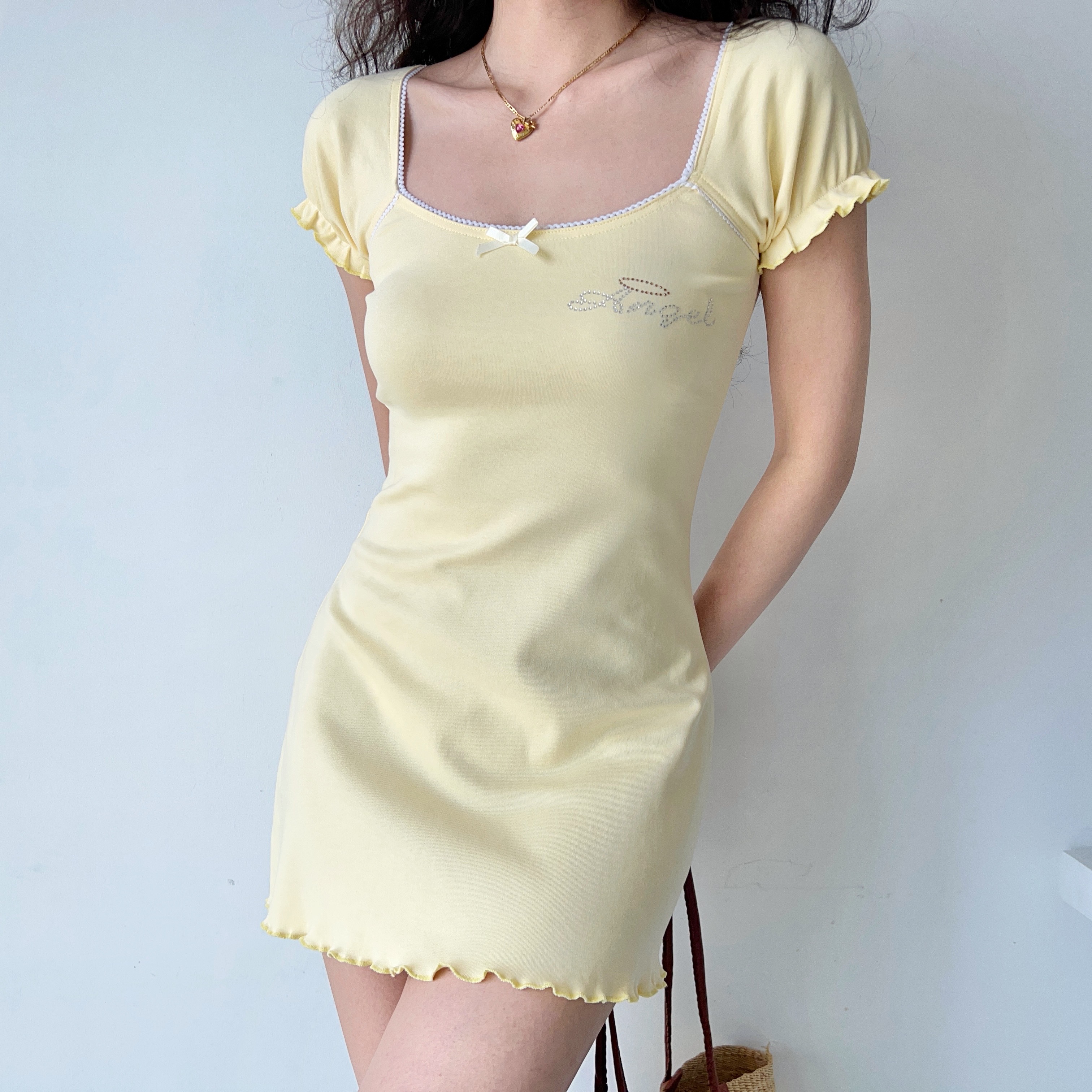 Ruffled Square Neck Dress with Rhinestones - Women's A-Line Short Sleeve Style in European and American Fashion
