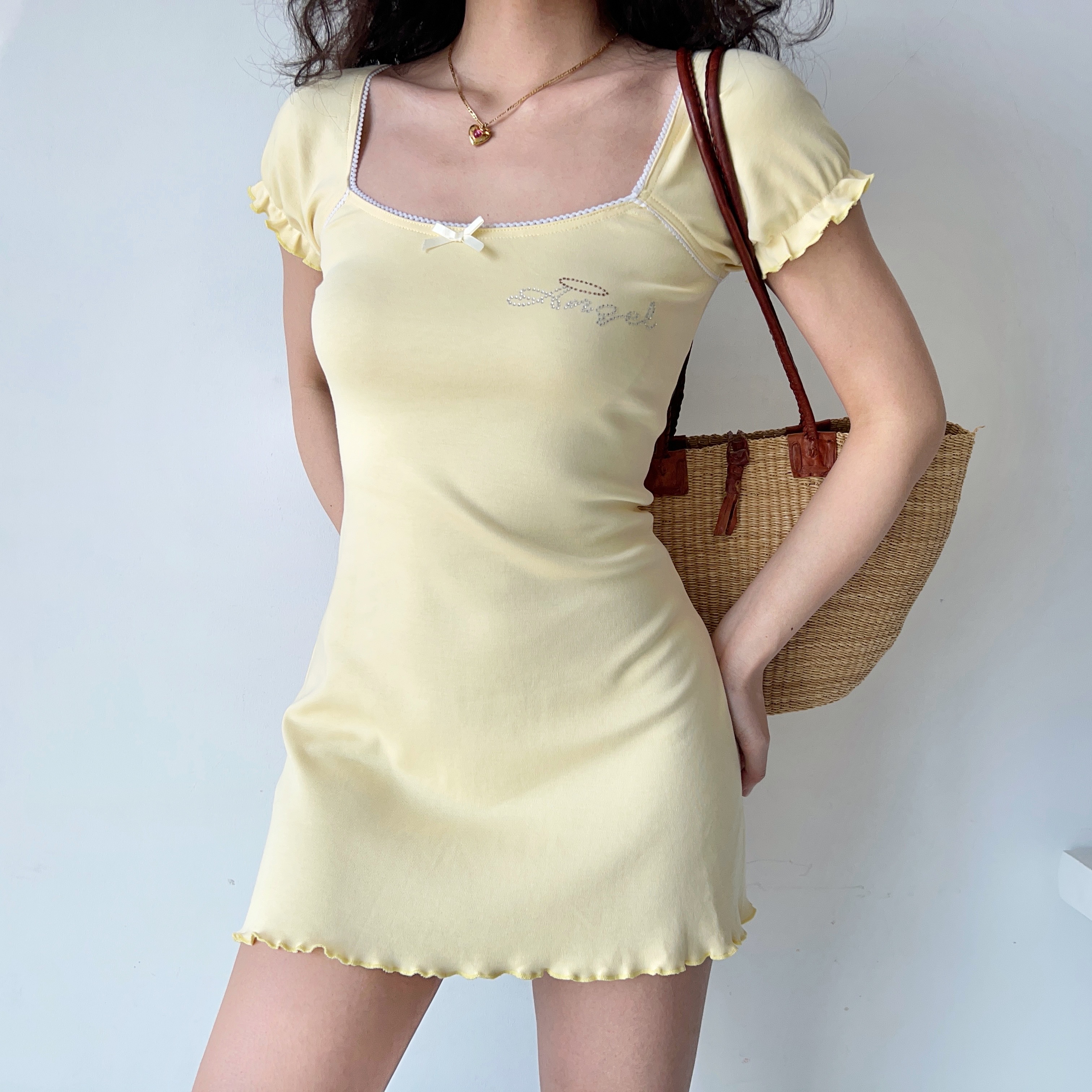 Ruffled Square Neck Dress with Rhinestones - Women's A-Line Short Sleeve Style in European and American Fashion