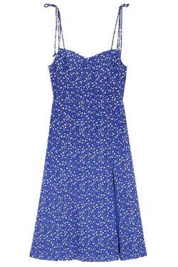 Sexy Blue Floral Lace-Up Dress - French Style V-Neck, Waist-Cinching, Slimming Side Slit, Spaghetti Strap Vacation Beach Dress
