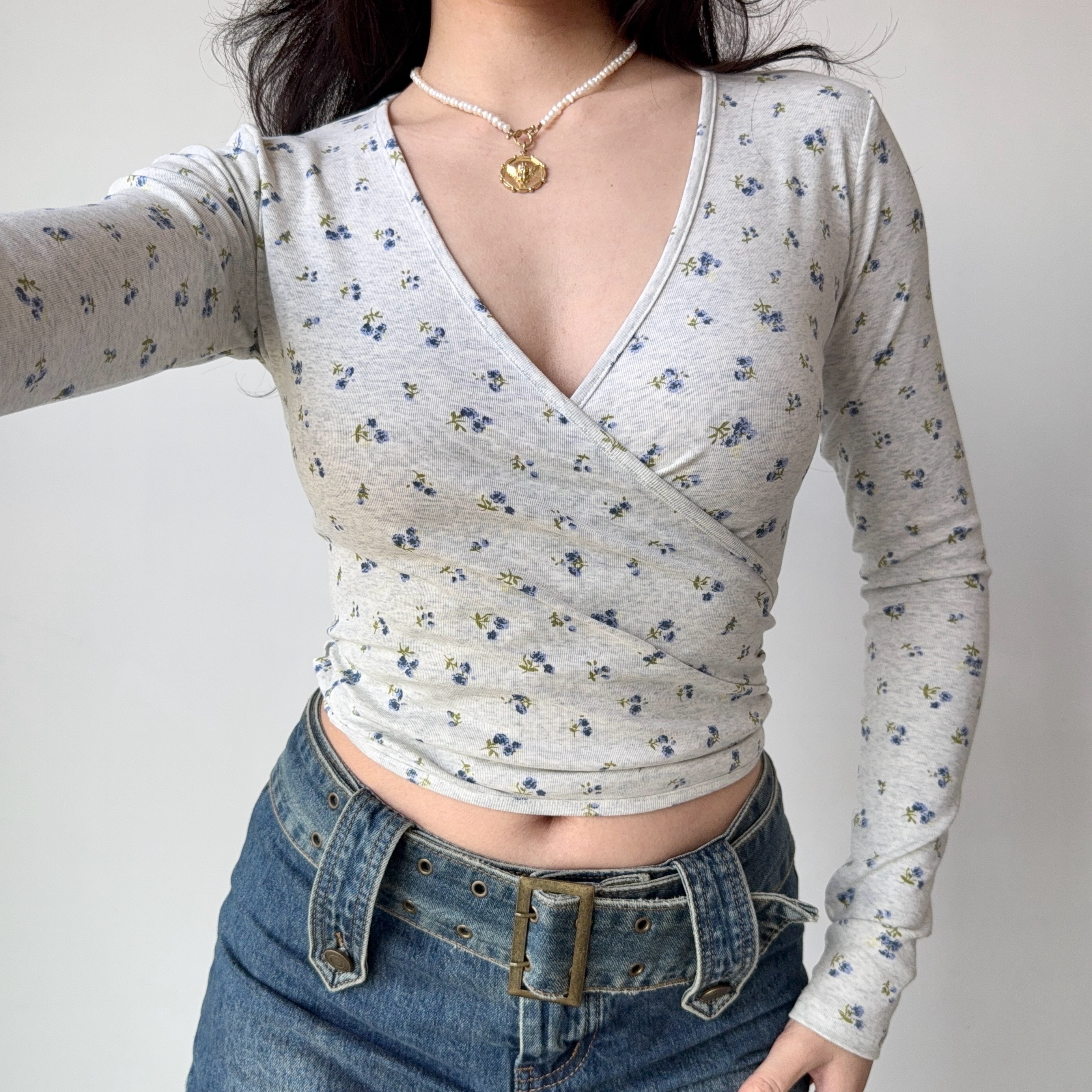 Sexy Cross V-Neck Wrap Long Sleeve Floral T-Shirt - European American Style Women's Top - Trendy Y2K Fashion