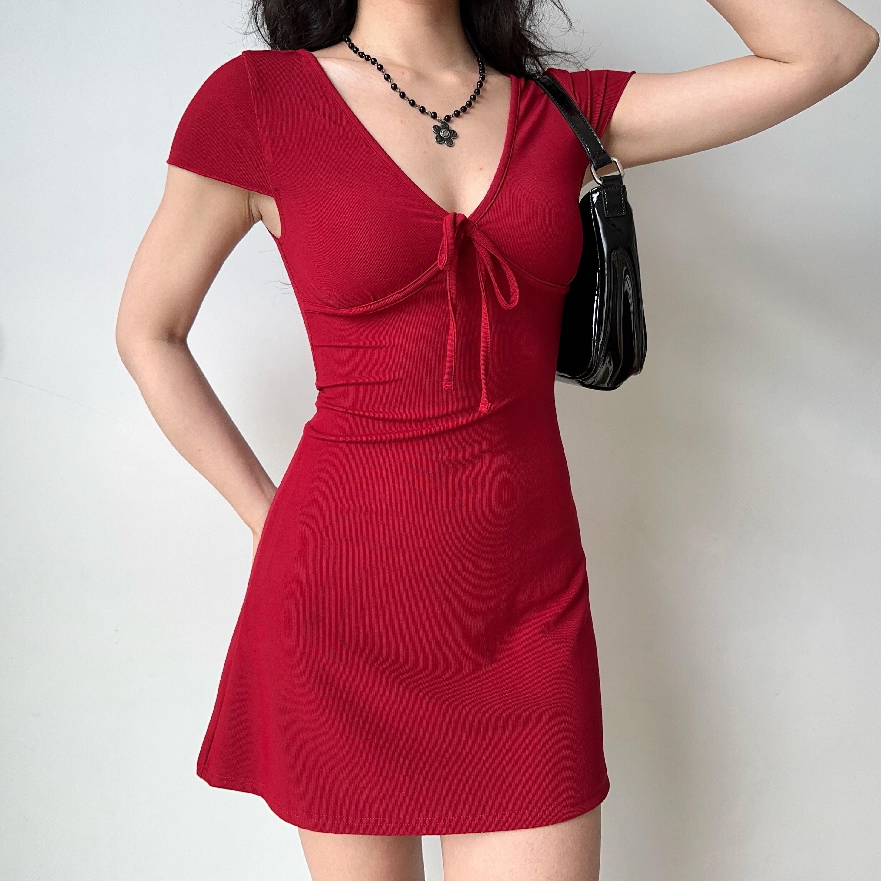 Sexy Deep V-Neck Bodycon Dress for Women - Short Sleeve, Slim Fit, European and American Style, Trendy Y2K Short Skirt