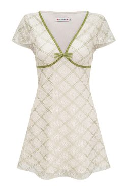 Sexy Deep V-Neck Lace Check Short Sleeve Dress for Women - European and American Style Summer Fashion