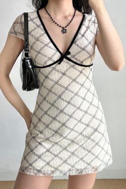 Sexy Deep V-Neck Lace Check Short Sleeve Dress for Women - European and American Style Summer Fashion