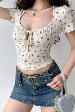 Sexy Floral Tie Short Sleeve Women's Summer T-Shirt - Big U-Neck, High-Waist, European & American Style, Perfect for Y2K Looks