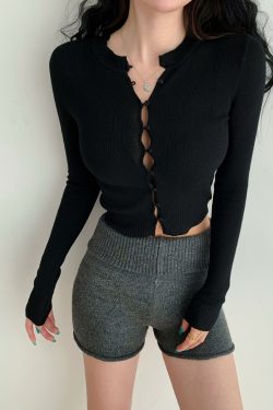 Sexy Hollow Out Slim Fit Knitted Cardigan Sweater for Women - European American Style Round Neck Top, Y2K Fashion Essential