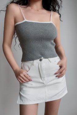 Sexy Minimalist Color-Blocking High-Waisted Knitted Camisole for Women - European American Style Slim-Fit Top