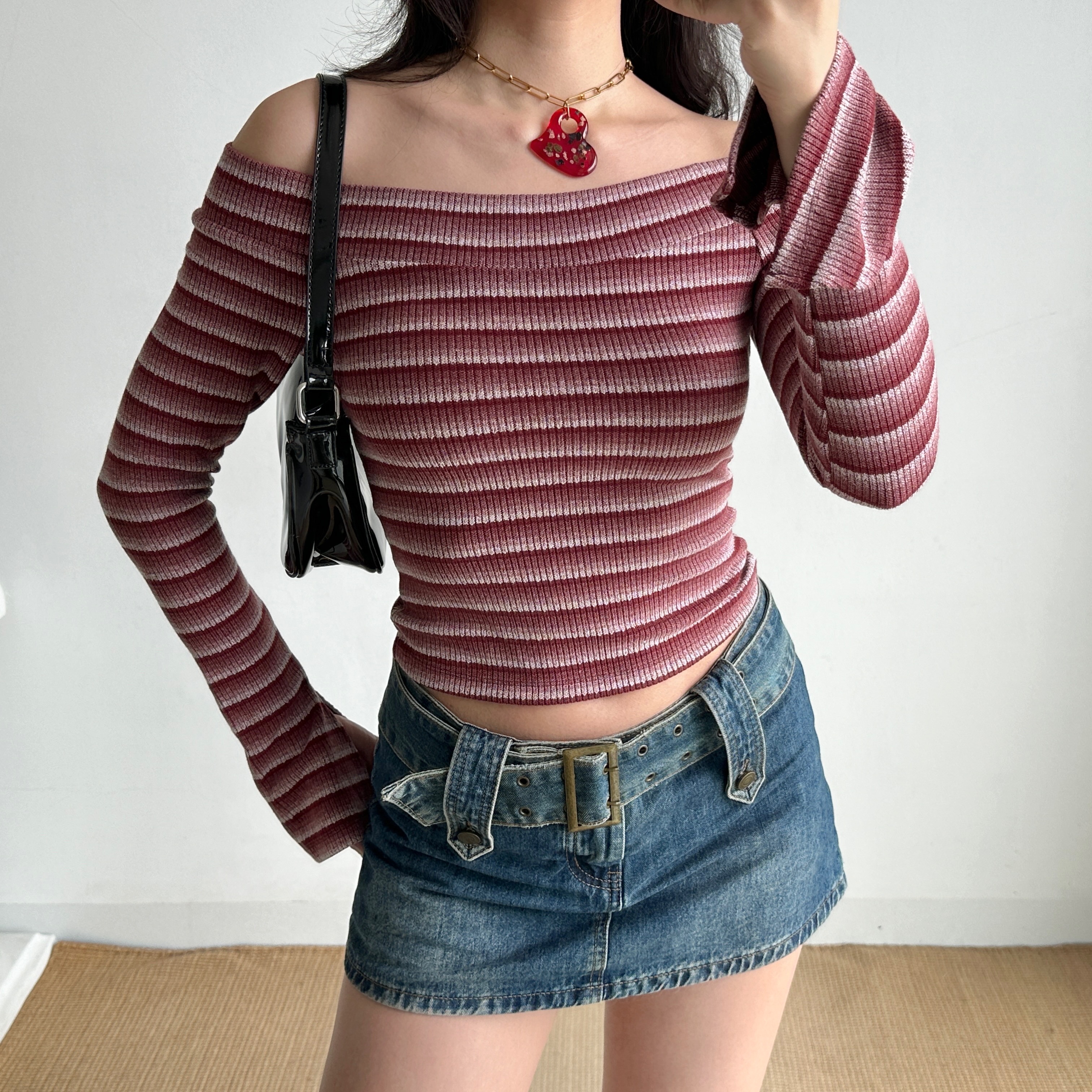 Sexy Off-the-Shoulder Striped Knitted Crop Top for Women - Slim Fit European and American Style Fashion Top