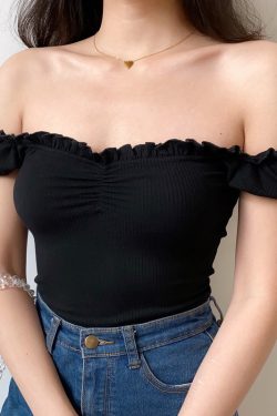 Sexy One-Shoulder Ruffled Puff Sleeve T-Shirt for Women - European & American Style Short Top, Trendy 90s Inspired Fashion