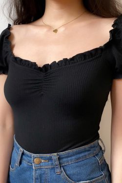 Sexy One-Shoulder Ruffled Puff Sleeve T-Shirt for Women - European & American Style Short Top, Trendy 90s Inspired Fashion