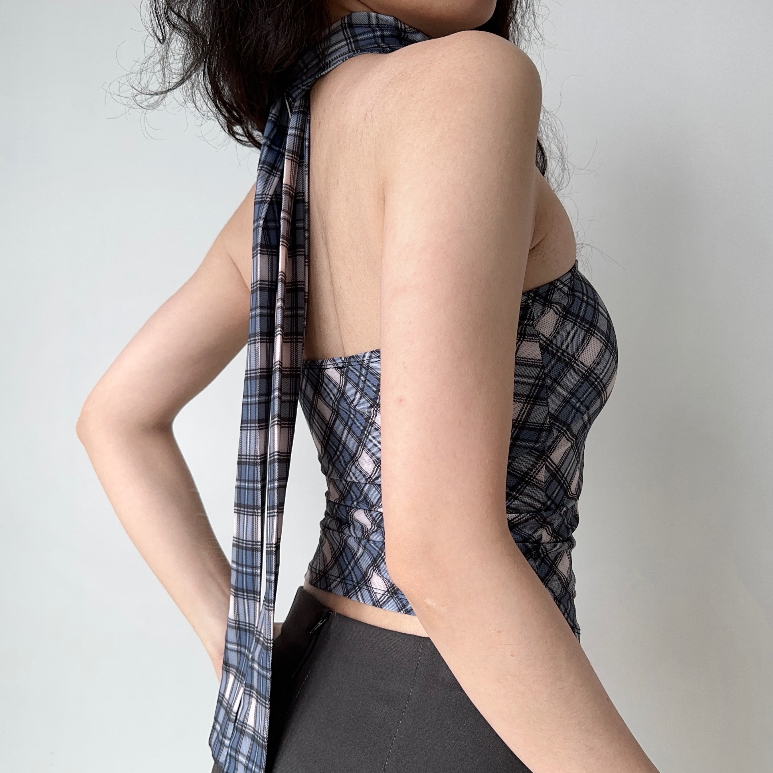 Sexy Plaid Strapless Top with Scarf - Women's Sleeveless Slim Fit - European & American Style - Summer Fashion 90s Inspired
