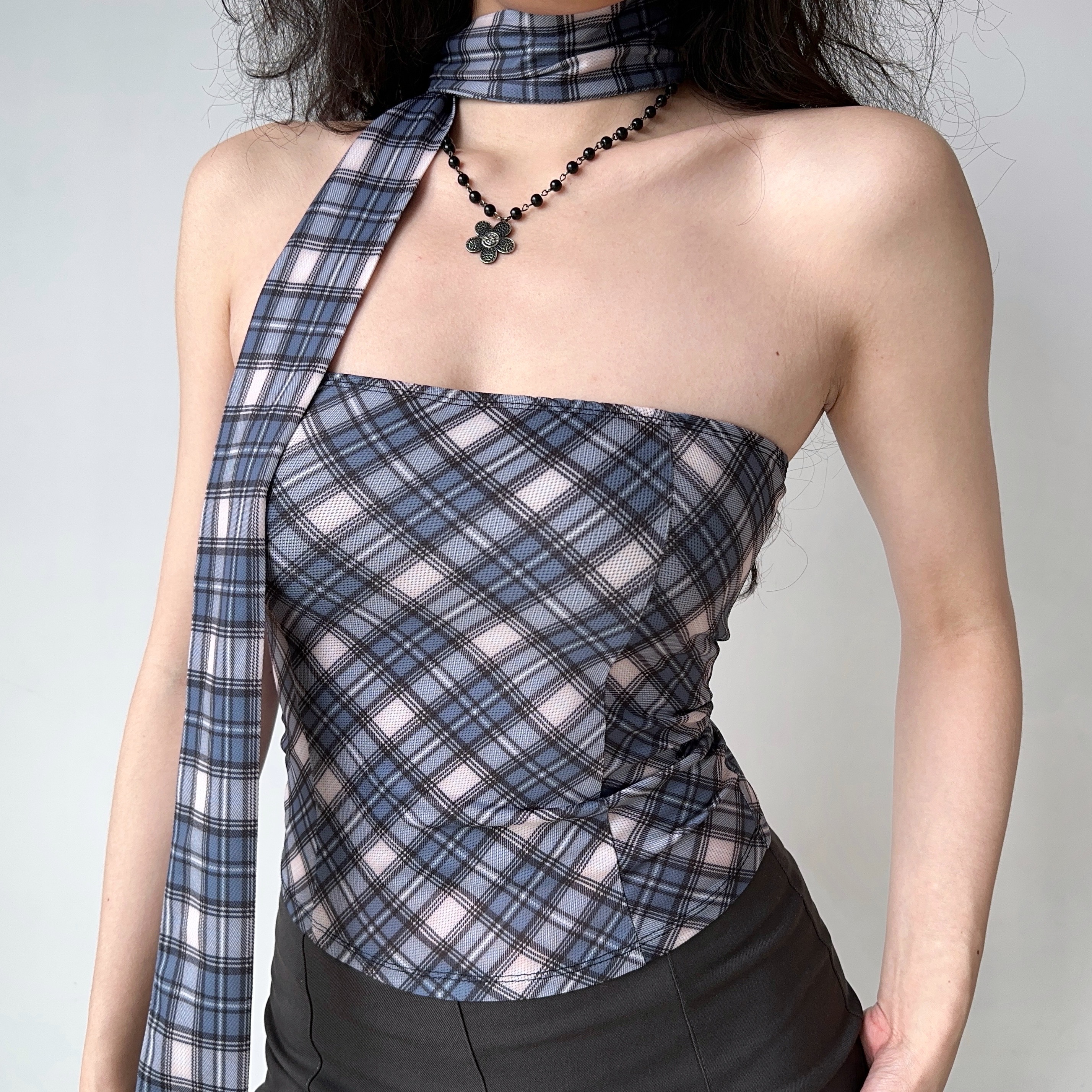 Sexy Plaid Strapless Top with Scarf - Women's Sleeveless Slim Fit - European & American Style - Summer Fashion 90s Inspired
