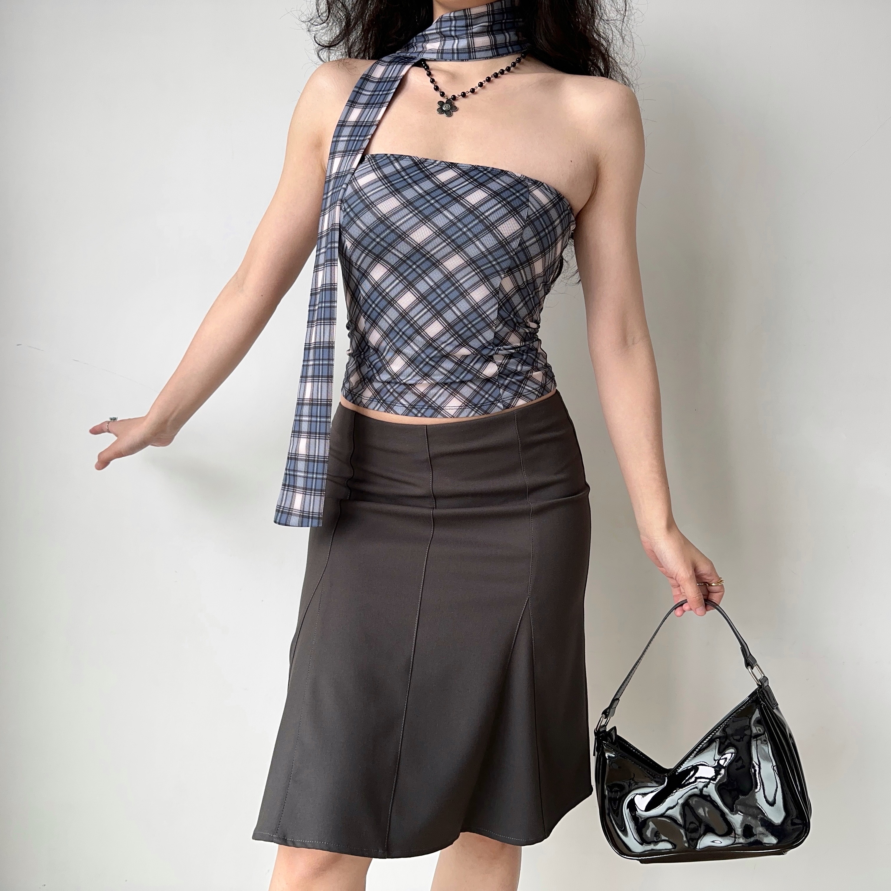 Sexy Plaid Strapless Top with Scarf - Women's Sleeveless Slim Fit - European & American Style - Summer Fashion 90s Inspired