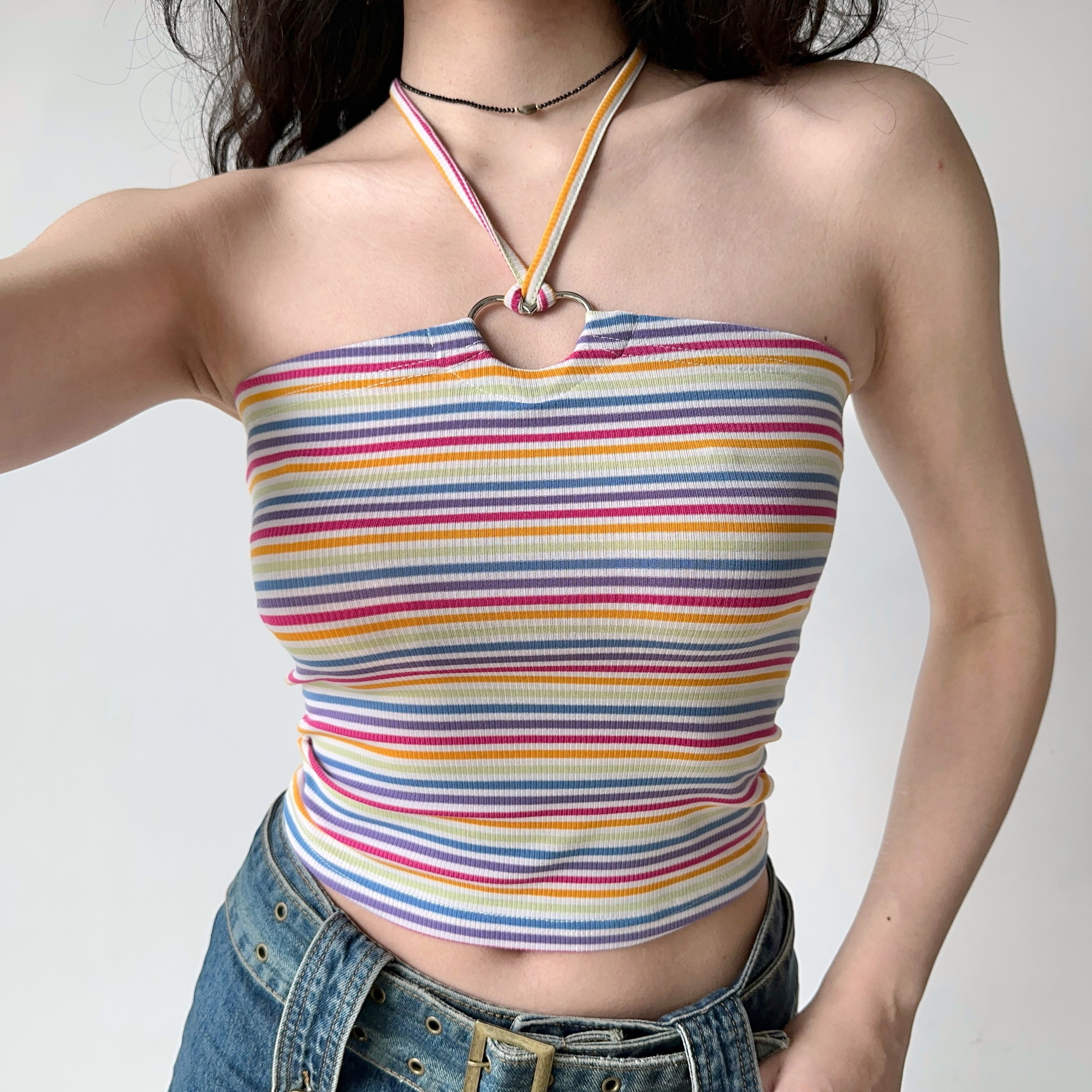 Sexy Slim-Fit Halter Tank Top for Women - Striped Strapless Summer Style, European and American Inspired, Hot Girl Vibe