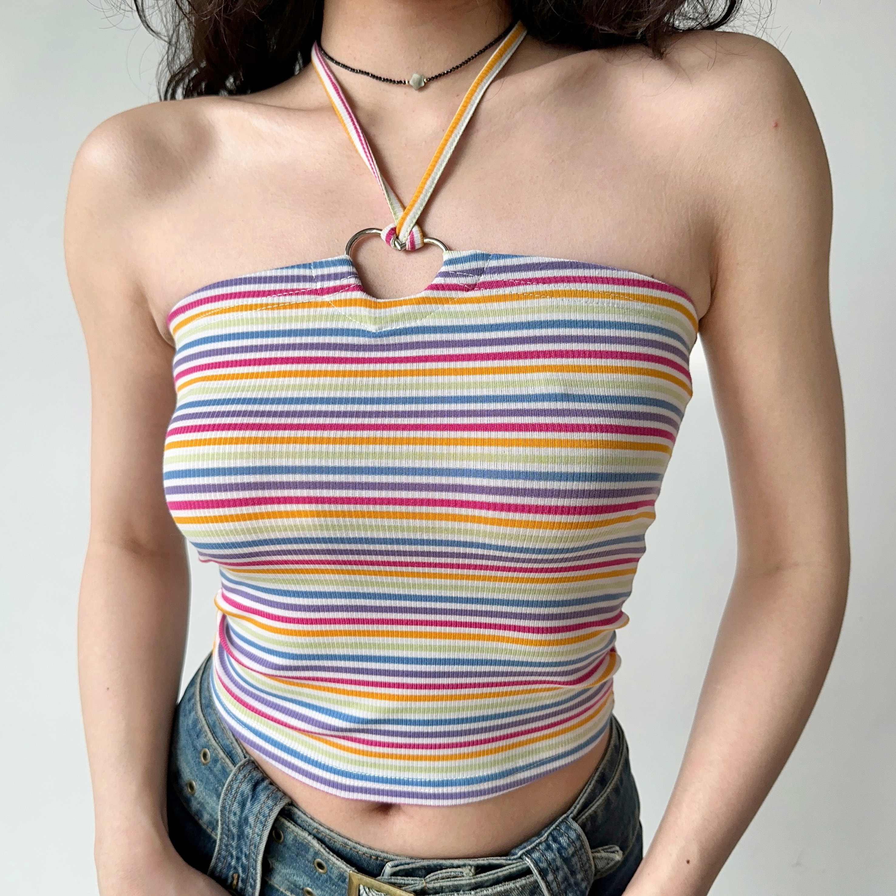 Sexy Slim-Fit Halter Tank Top for Women - Striped Strapless Summer Style, European and American Inspired, Hot Girl Vibe