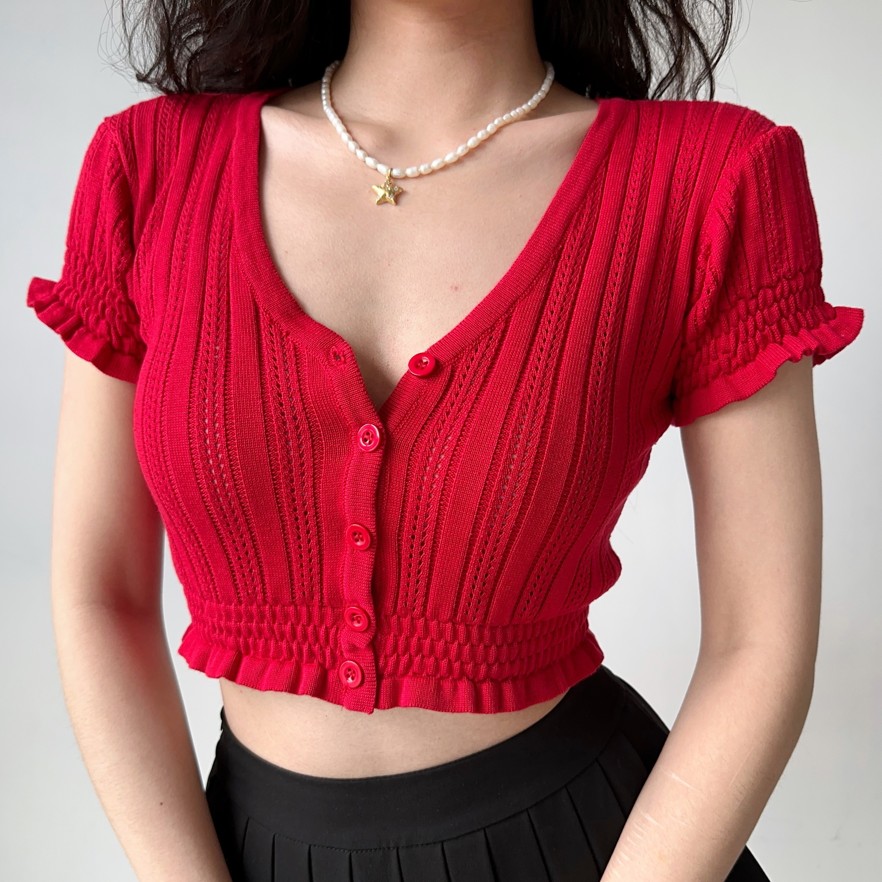 Sexy Slim-Fit V-Neck Hollow-Out Puff Sleeve Ruffled Cropped Knitted Cardigan - European American Style Women's Top